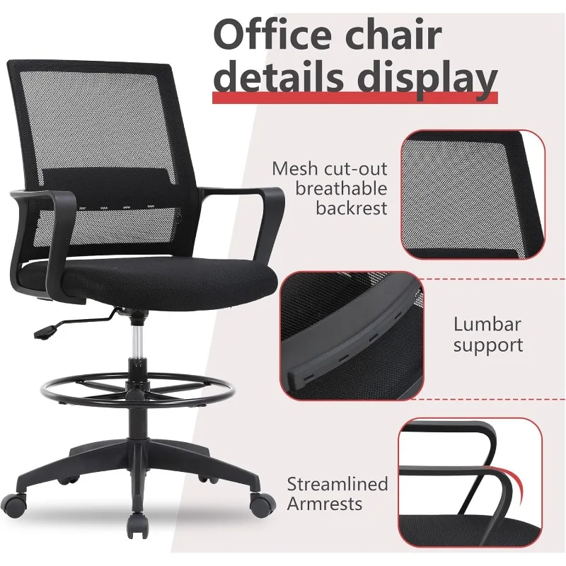 Adjustable Mesh Drafting Stool Tall, Swivel Office Chair with Lumbar Support & Footrest for Desk Work