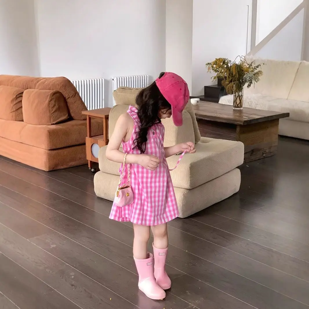 Girls Pink Gingham Polo Dress, Fashion Cute Short Sleeve Plaid A-Line Sundress for Toddler & Little Girls, Casual Summer Outfit