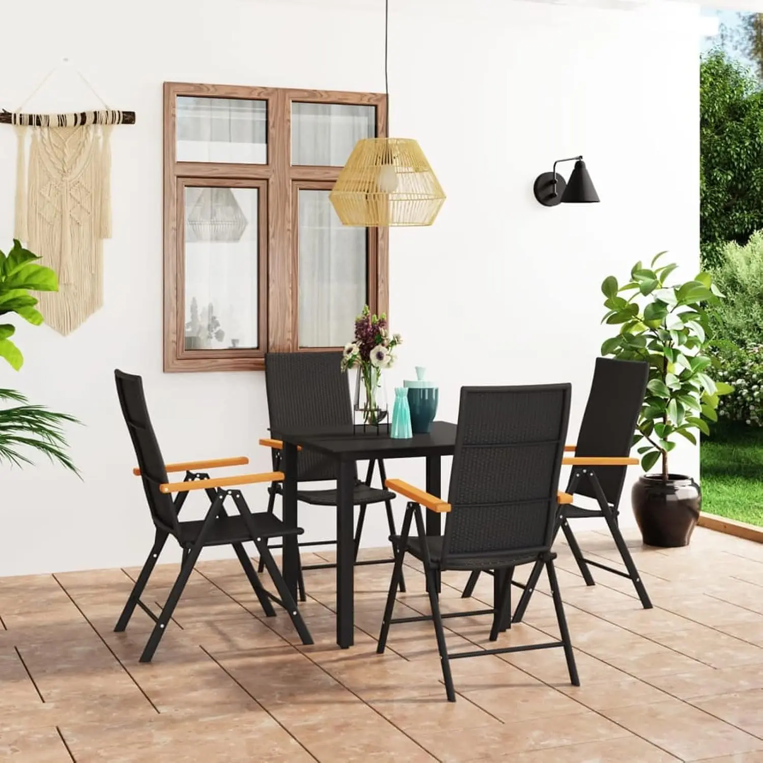 5-Piece Outdoor Dining Set, Square Glass Tabletop, Natural Rattan, Black & Brown, for Patio Balcony Terrace, Customized