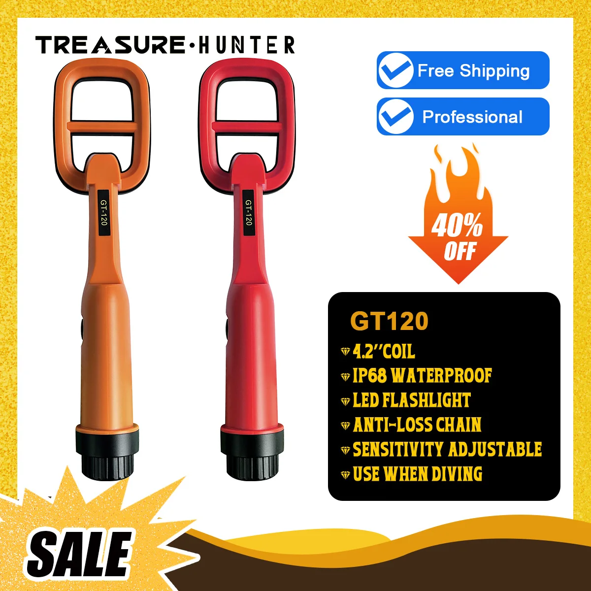 Caçador de tesouros gt120 portátil mergulho detector de metais pinpointer ponteiro sonda à prova dwaterproof água metal identificar 4.2 \