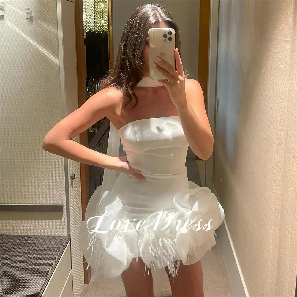 

Love Mini Sexy Strapless Sheath 3D Flower Stain Bride Gown Elegant Sleeveless Above Knee Backless Wedding Dress Vestido De Novia