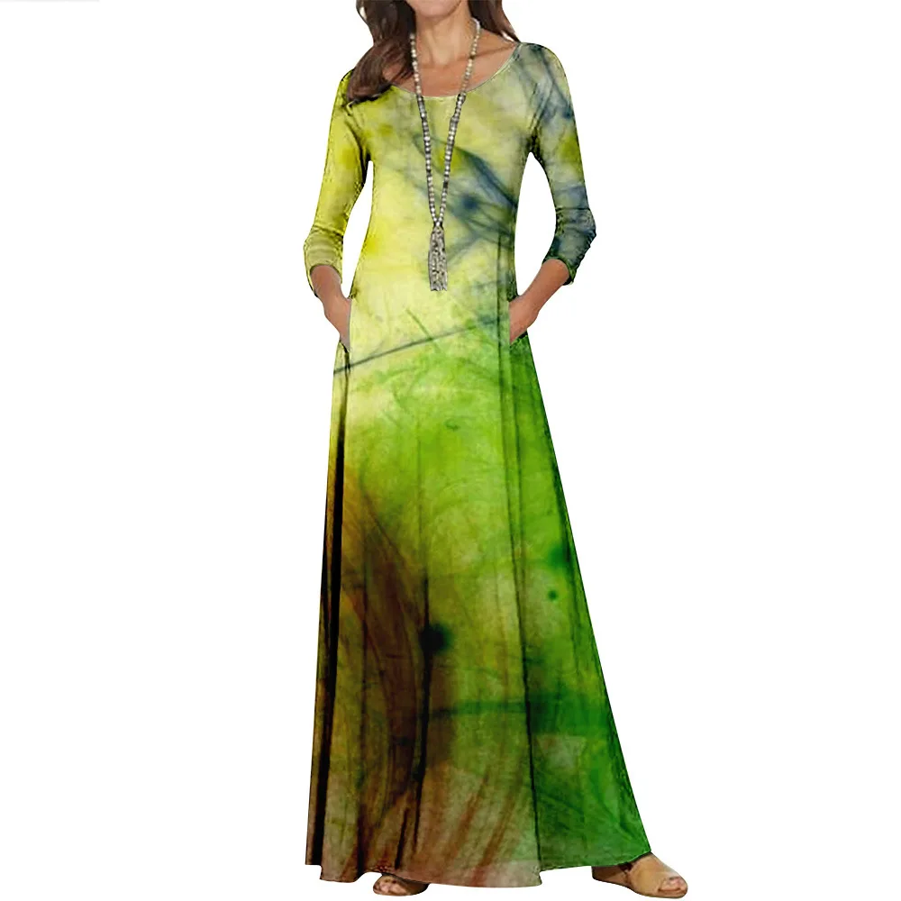 Primavera outono festa em torno do pescoço vestido feminino elegante manga longa casual solto vestidos de impressão verde mulher vestido longo