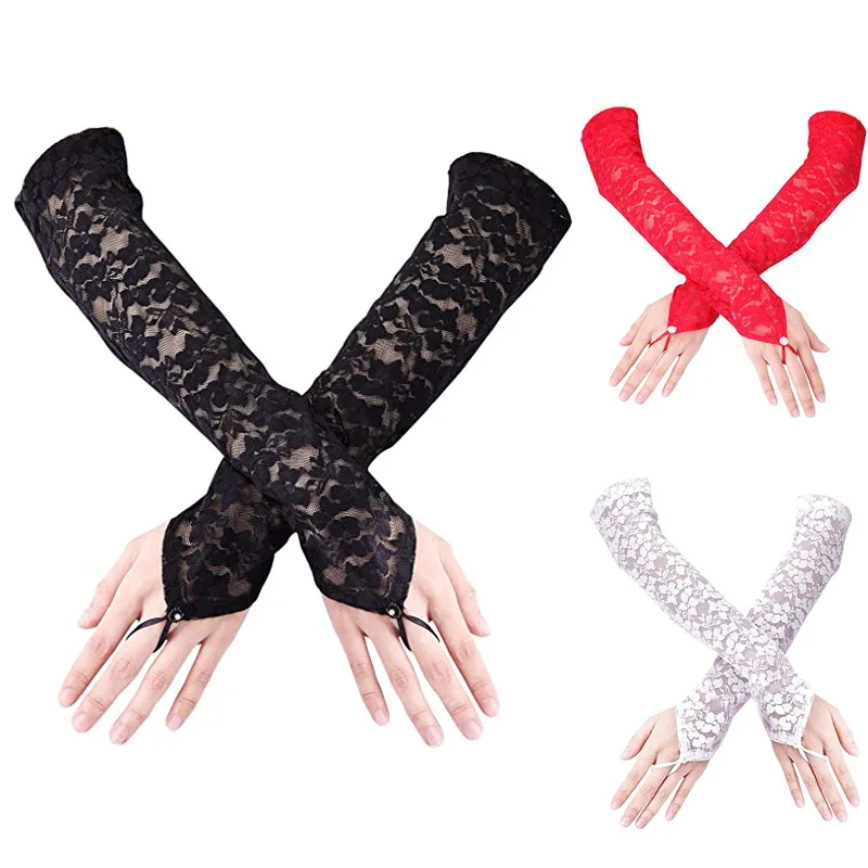 Lace Applications Beaded Bridal Gloves Ivory/White/Black/Red Long Elbow Length Fingerless Wedding Gloves Bride Accessories