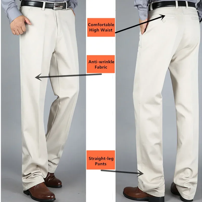 White Pants Men Office Formal Straight Business Thick Plus Size 42 40 38 Classic Stretched High Waist Black Casual Male Trousers