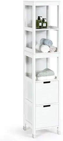 

Tall Bathroom Cabinet, Multifunctional Bathroom Floor Cabinet with 3 Tier Shelves and 2 Drawers, Wooden Free-Standing Tower Rac