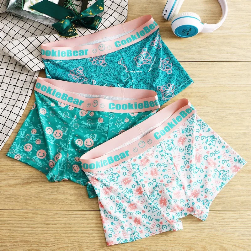 Pantaloncini coordinati in colore U Custodia convessa Stampa in cartone Boxer piatti Biancheria intima sexy in seta ghiacciata Qucik-Dry Mutandine traspiranti Regalo per uomo