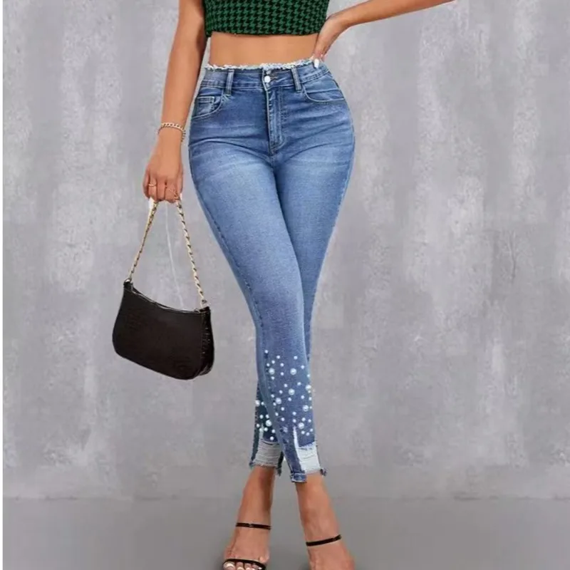 Women's Denim Jeans Pearl Detail Elastic Slim Fit Nine-Piece Pants Ladies Fashion Stretchy Casual Bootcut Trousers