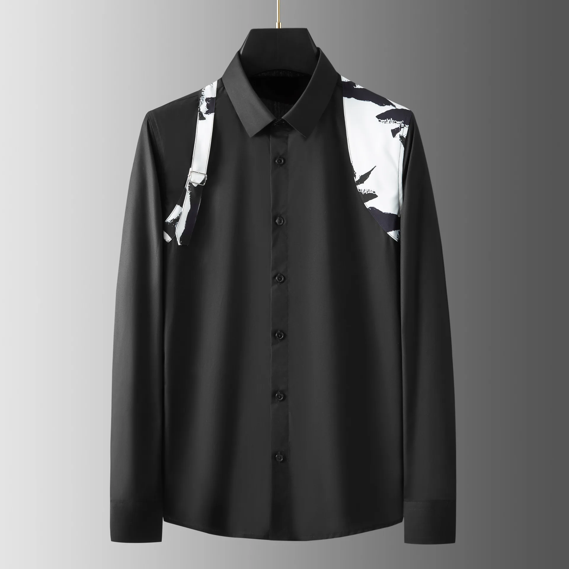 Luxo fivela de metal alça de ombro masculina camisa de mangas compridas magro casual negócios formal vestido camisas sexy roupas de festa social