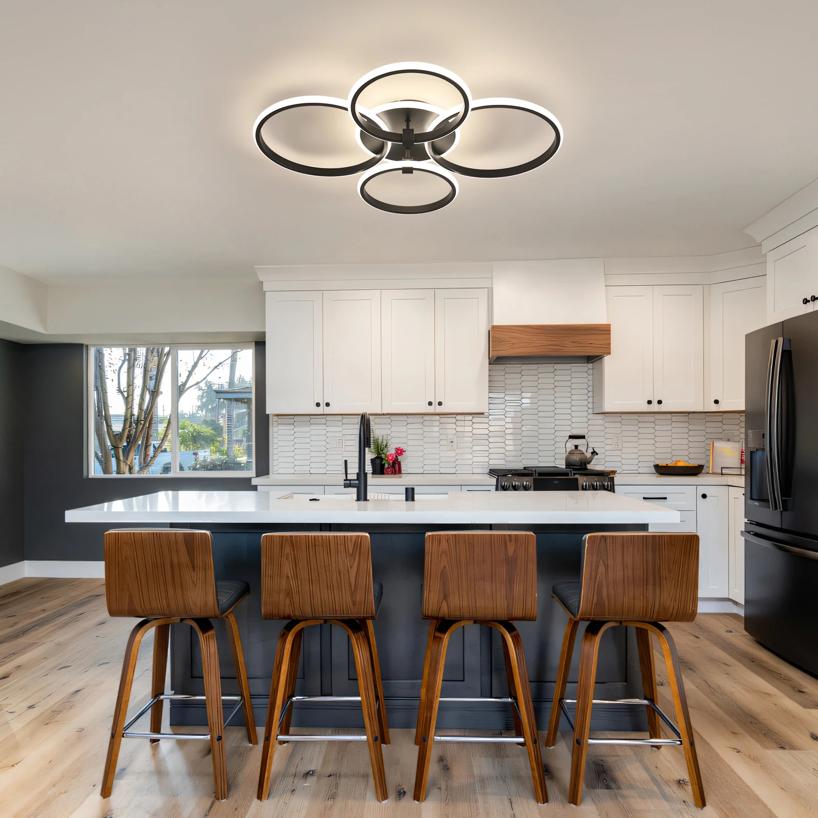 Lampada da soffitto moderna a LED, 56W, 6300LM, 6500K, lampadario in acrilico, lampade da soffitto rotonde nere per soggiorno, camera da letto, sala da pranzo [Classe energetica E].