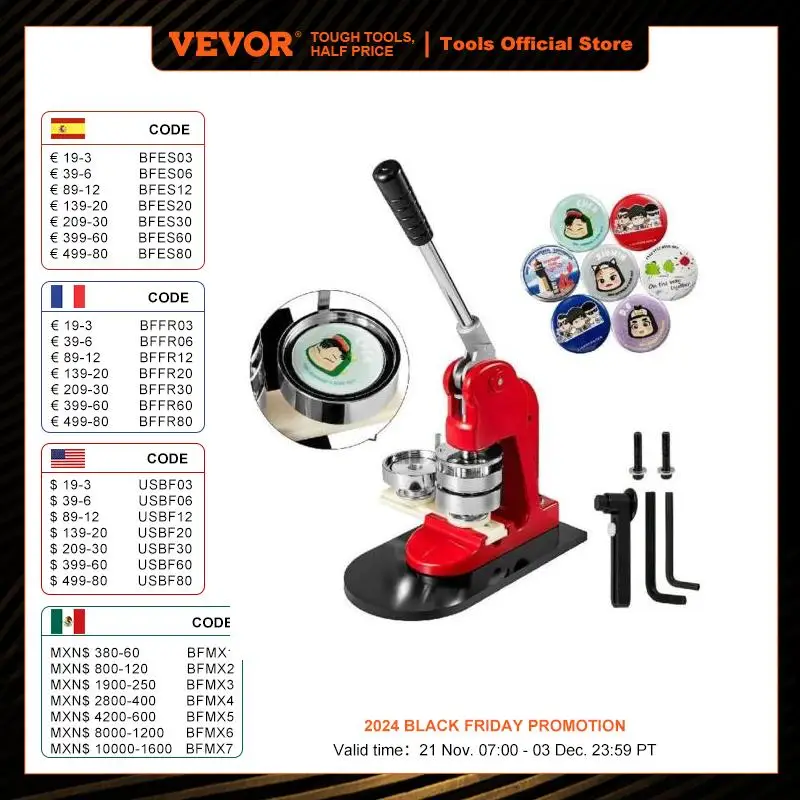 

VEVOR 25-75MM Badge Maker Machine DIY Button Pin Broochs Press Making Tool with 500 or 1000Pcs Circle Manufacture Button Parts