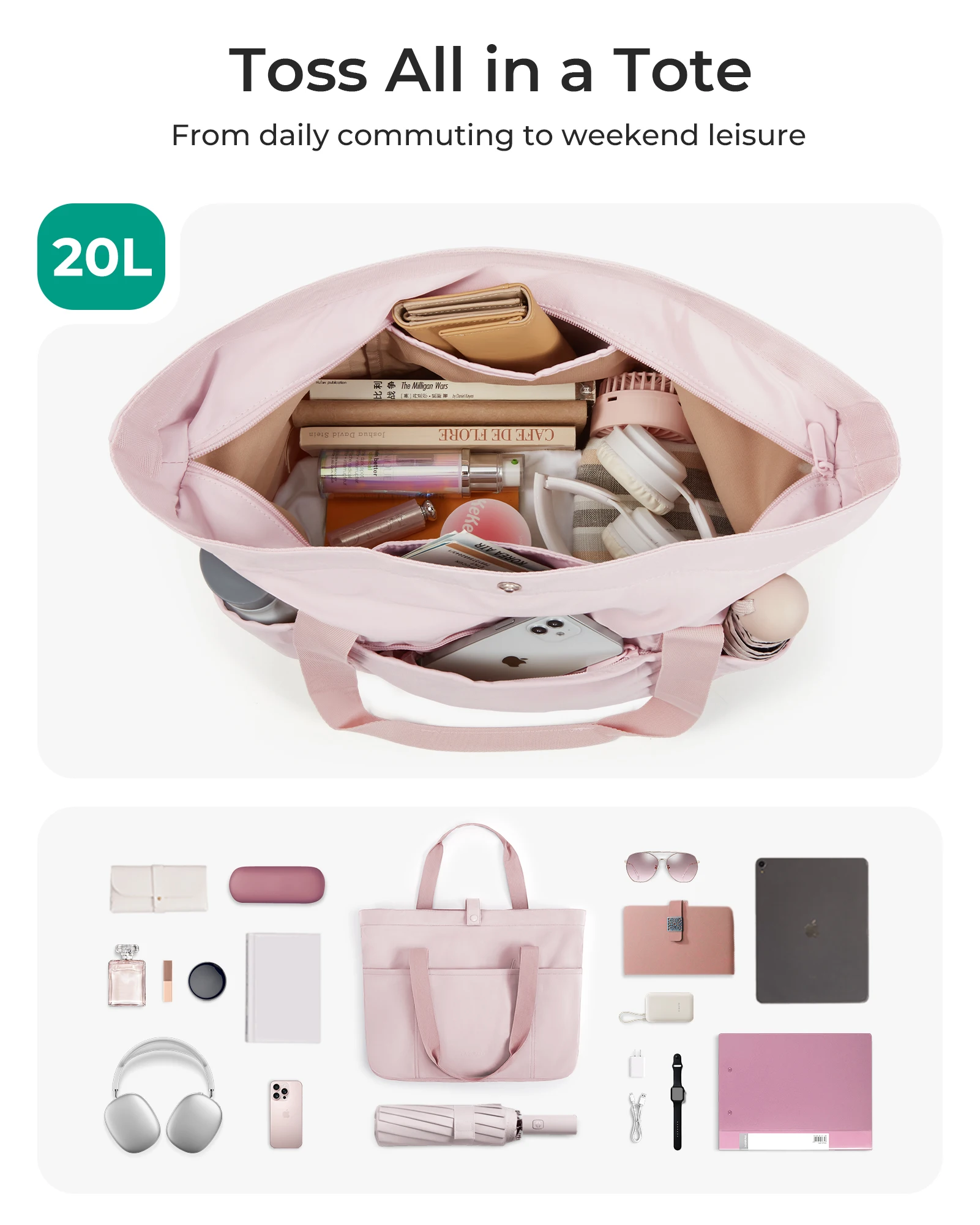 BAGSMART Large Tote Bags for Women Waterproof Foldable Beach Gym Shopping Shoulder Bag Durable College Work Purse with Pockets