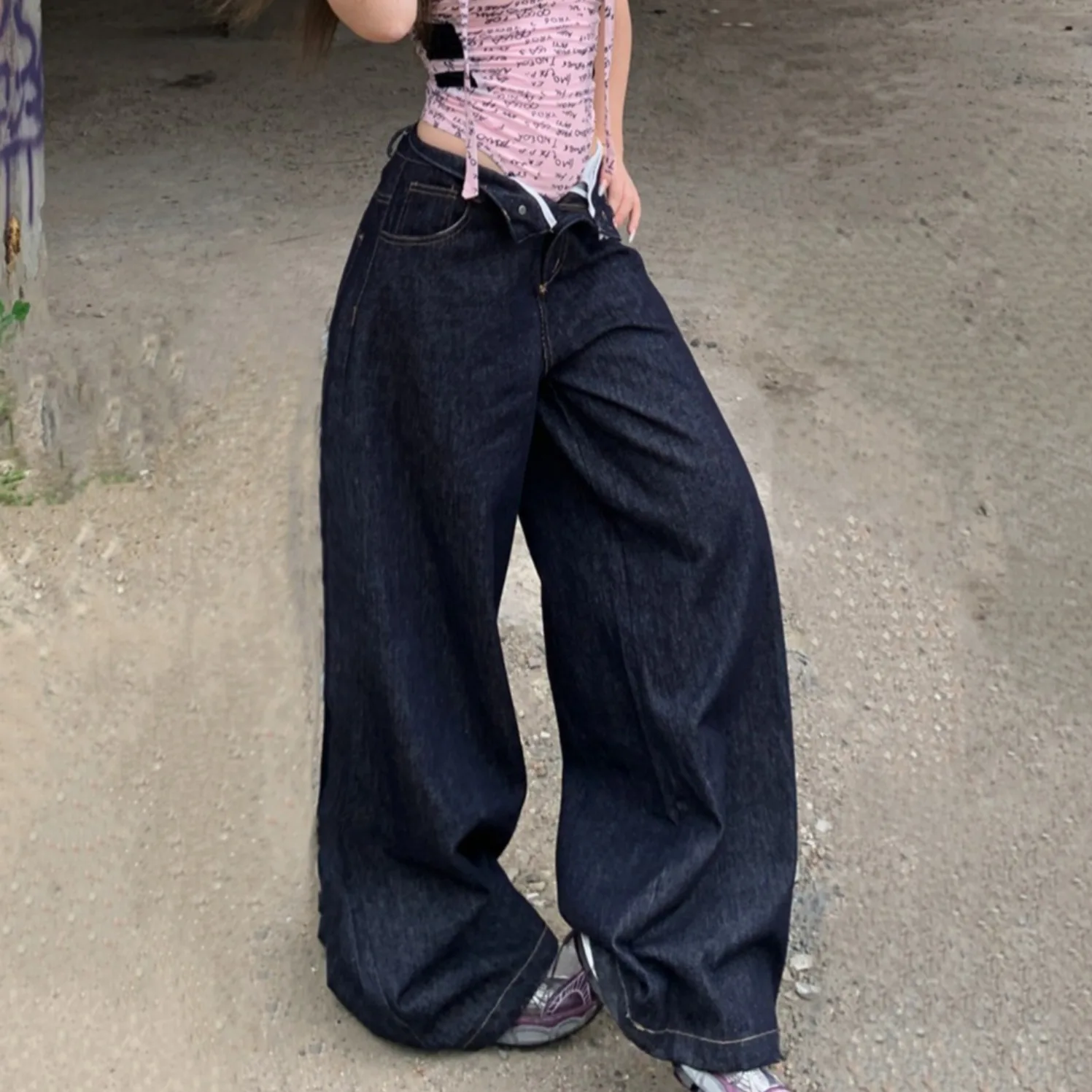 

Sexy Retro American Hot Girl Loose Wide Leg Pants Casual Versatile High Waist Slimming Jeans Long Trendy Cotton Polyester Blend