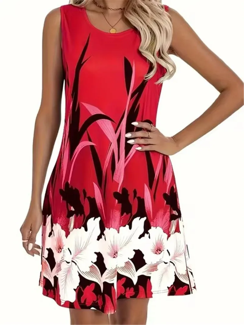 

Floral Pattern Women Mini Dresses Summer Sleeveless 3D Flower Printing High Street Ladies A-Line Dress 3XL Big Size Casual Dress
