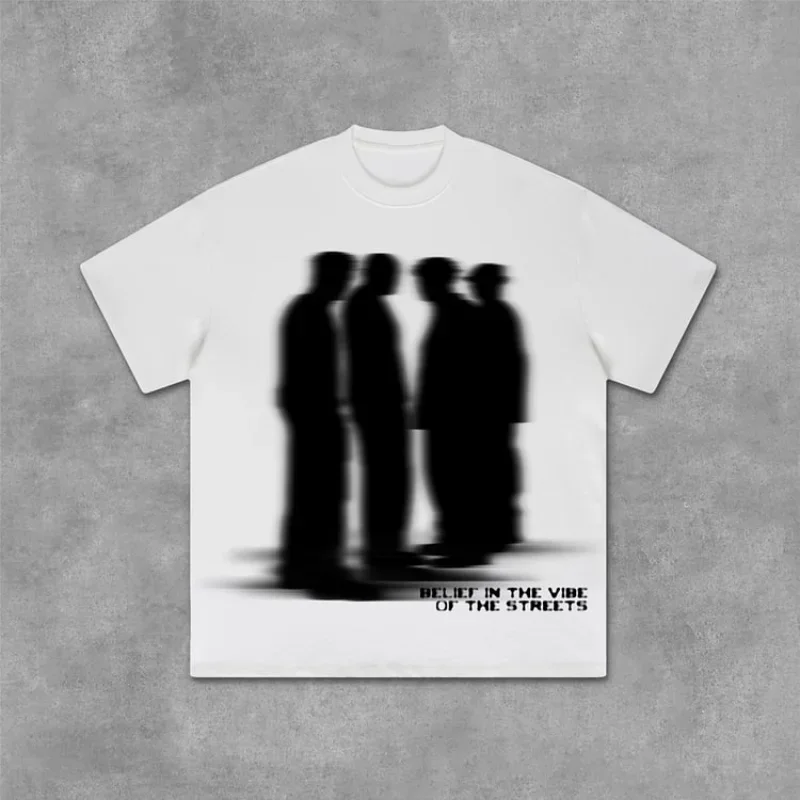 Street Vibe Virtual Shadow Figure Graphic T-Shirt Y2K Retro Unisex Cotton Oversized Streetwear Short Sleeve Tee for Men & Women