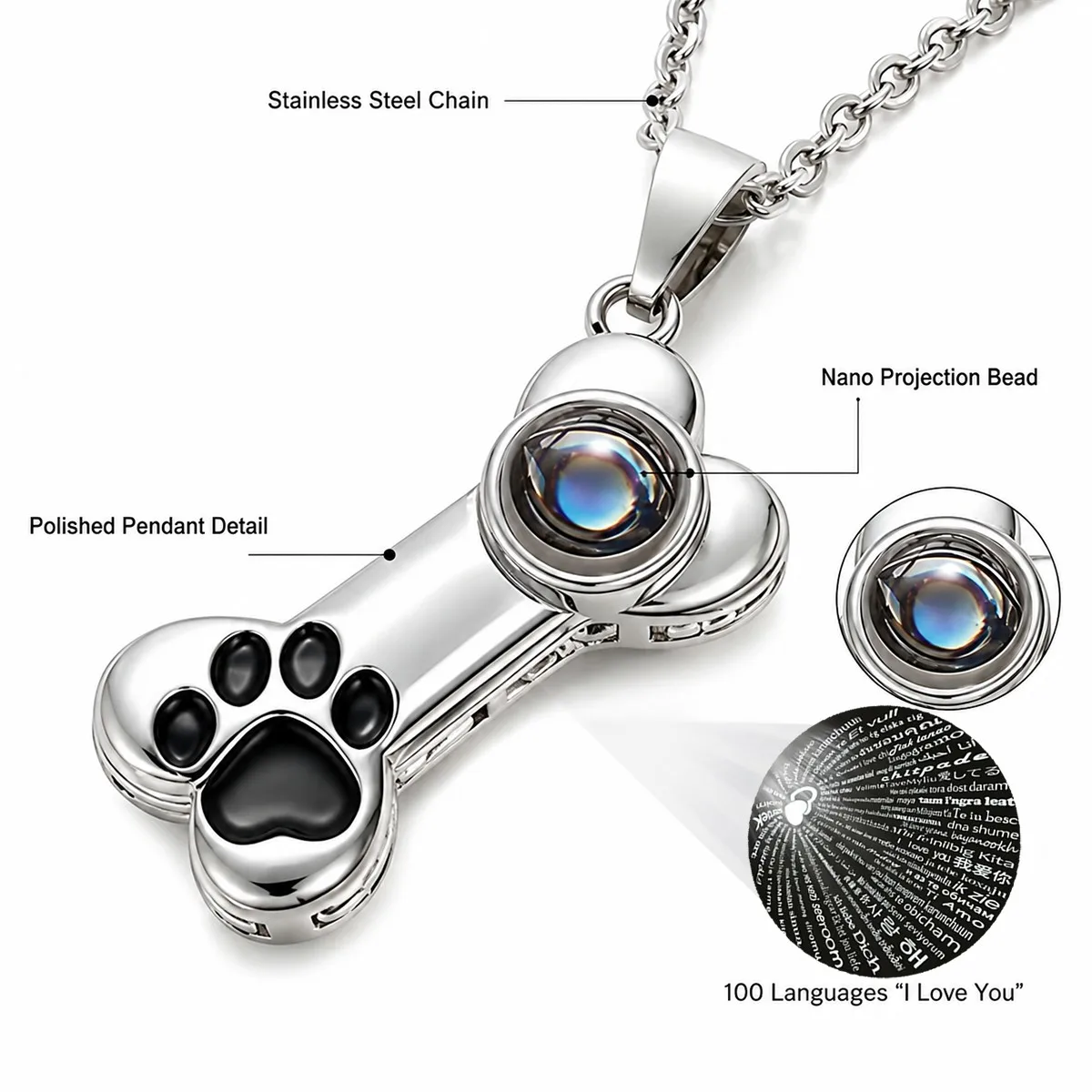 100 Languages Projection Pendant Dog Bone Necklace For Women With Rose Gift Box Christmas Valentine Birthday Wedding Jewelry