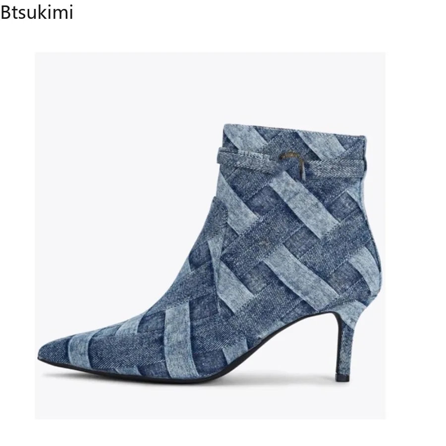 

New 2025 Denim Checkered Pointed End Ankle Boots European American Autumn and Winter High-heeled Party Commuting Women's Boots