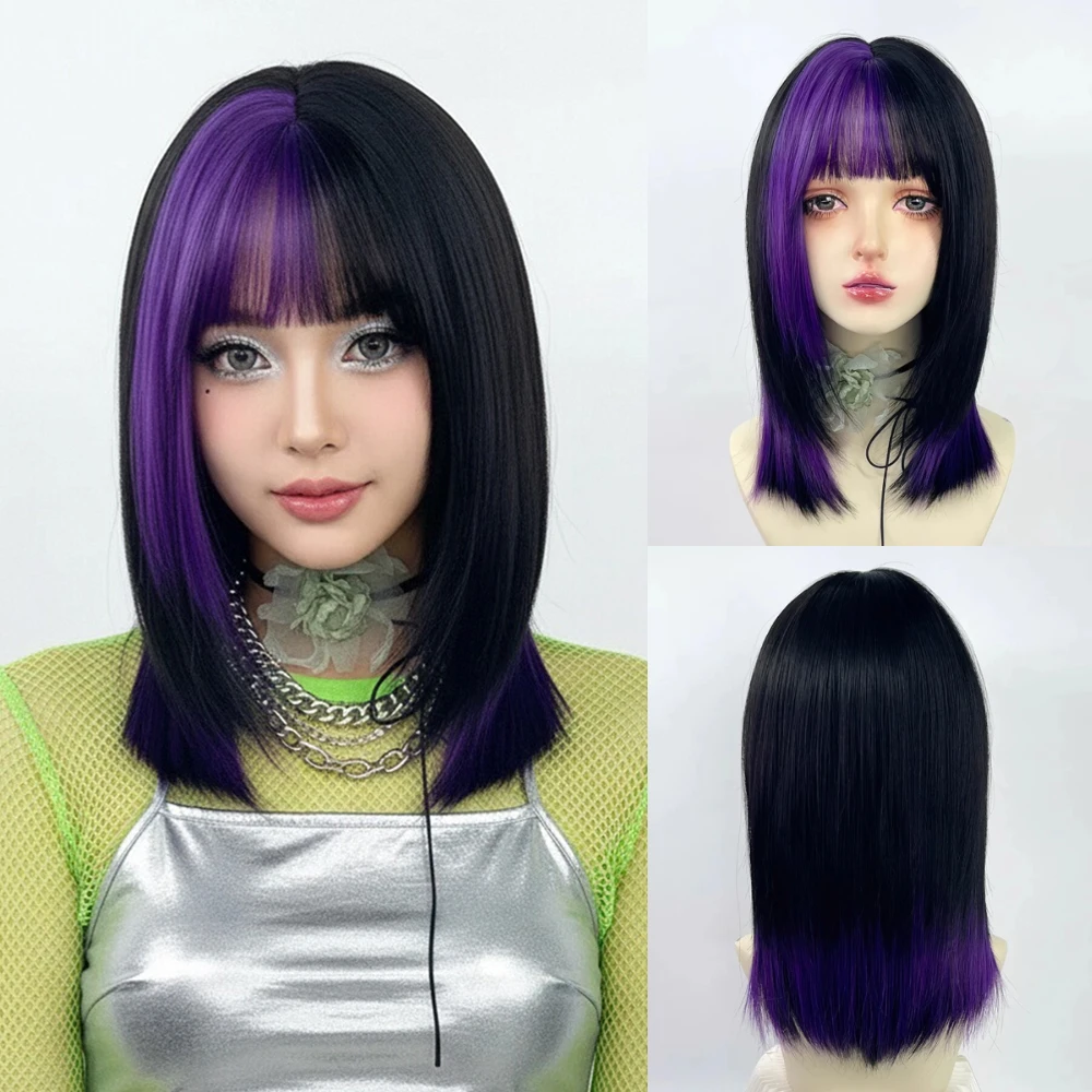 باروكة صناعية قصيرة مستقيمة مع فرقعة للنساء من الألياف المقاومة للحرارة مثالية لوليتا كوسبلاي عيد الميلاد والهالوين كاجوال جلام
