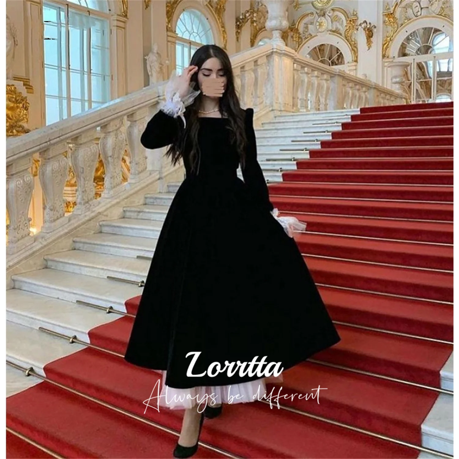 Black satin retro square neck evening gown suitable for prom ankle length tulle evening gown cuffs lace evening gown Customized