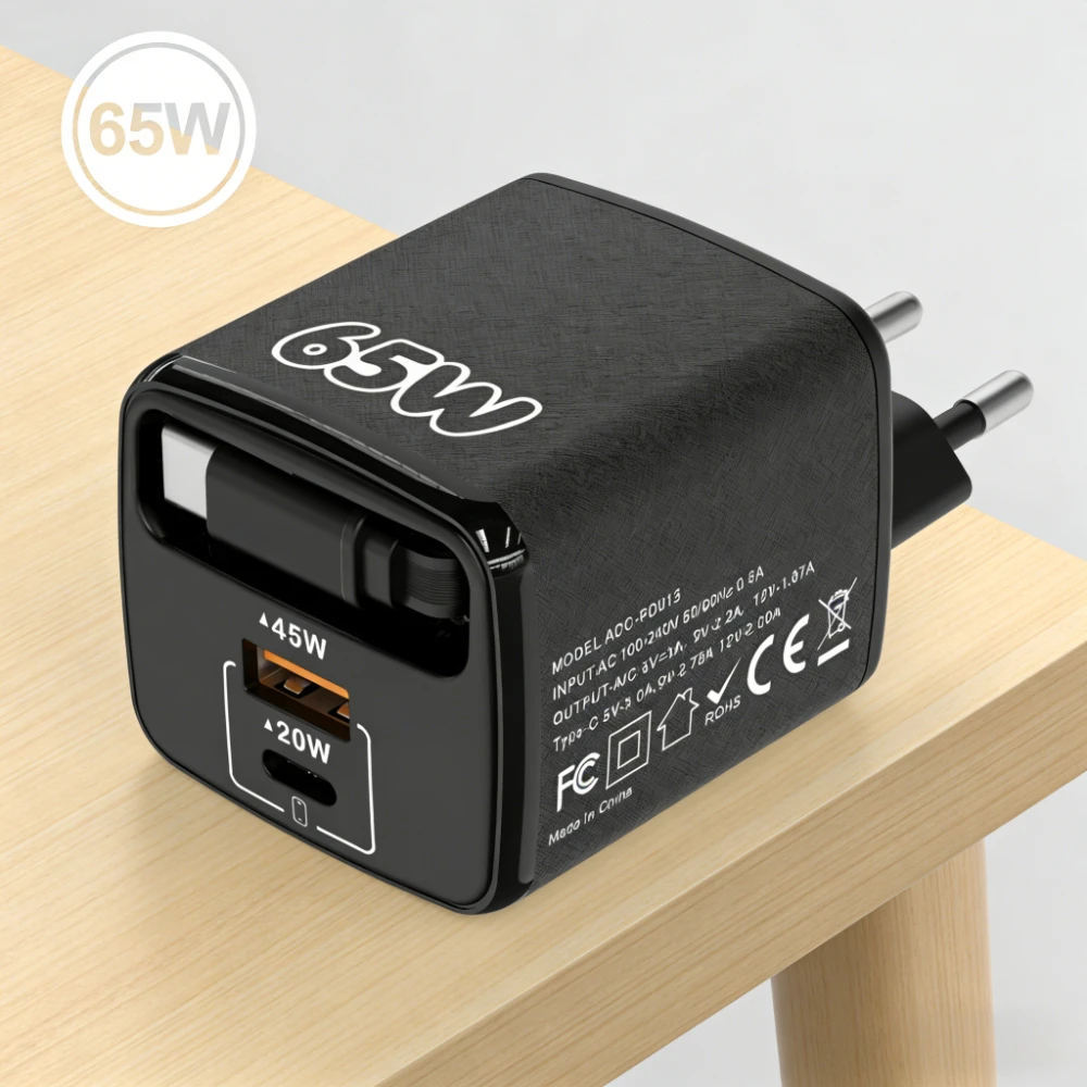 65W USB Type C Charger EU/US/UK Plug Mobile Phone USB Quick Travel Wall Charger with Retractable Cable For iPhone Xiaomi Huawei