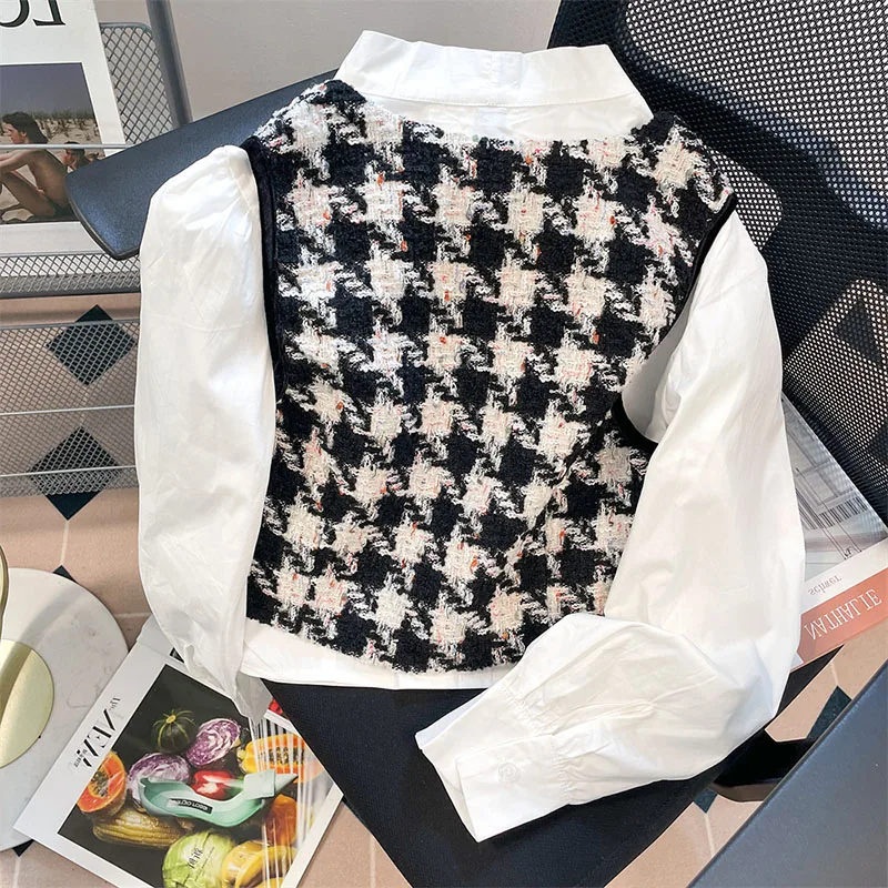 French Commuter Bow Shirt Vest 2-Piece Set Women's Spring New High Quality Houndstooth Puff Sleeve Fashion Long Sleeve Top