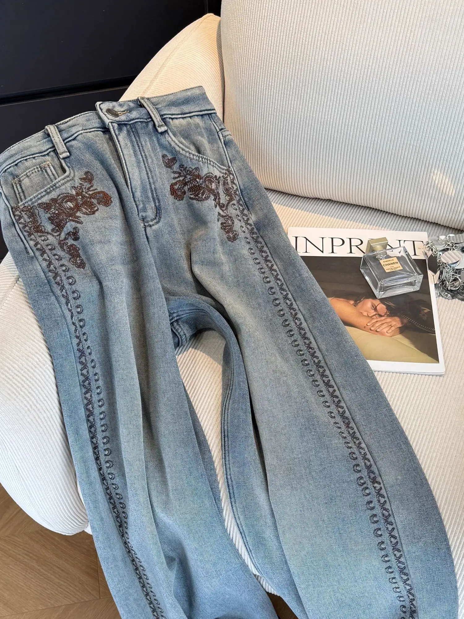

Retro High Waist Straight Leg Embroidered Denim Jeans Women's Design Wide Leg Pants Spring 2026 Casual Sle Multi k...
