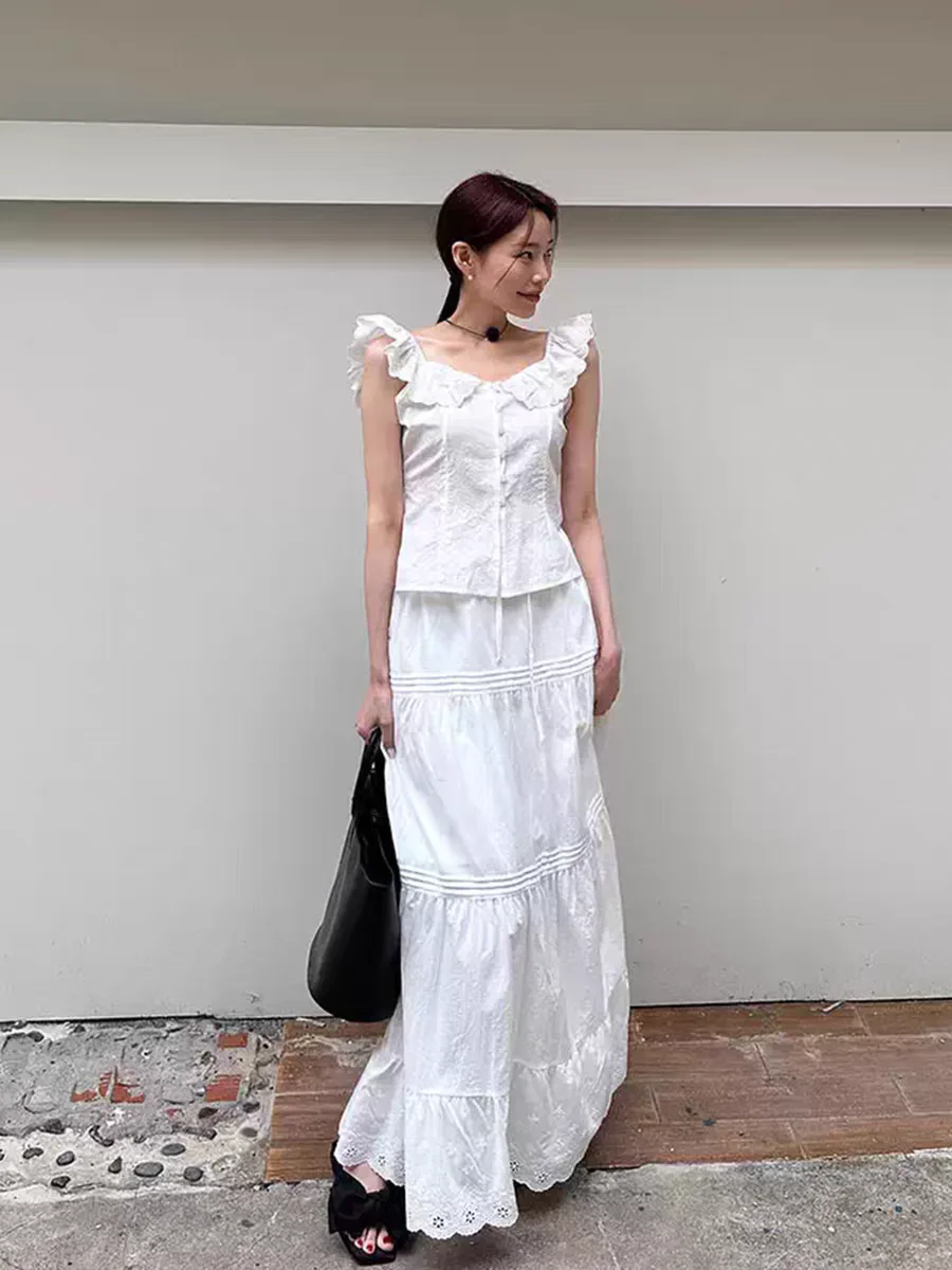 

Lace Splice Design Women's Fashion Set with Lace Trim Sleeveless Top And High Waist Skirt Spring Summer Autumn Set