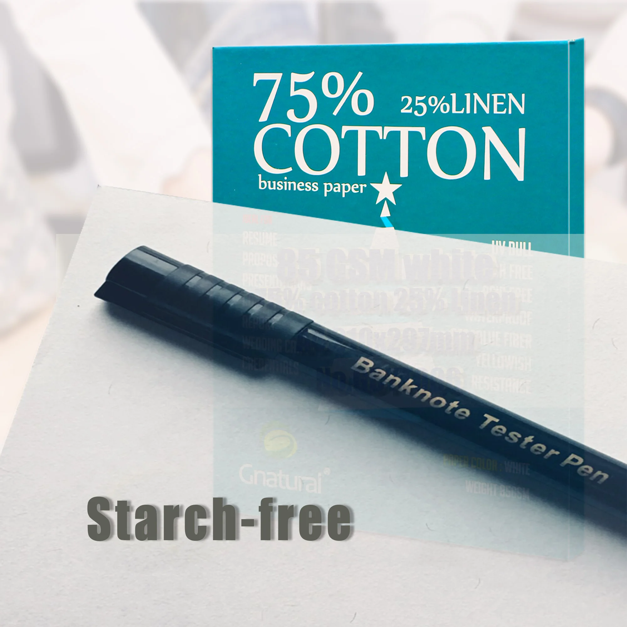 85gsm 75% cotton 25% linen paper A4 210*297mm White color with red and blue fiber Starch-free Waterproof 100 sheets GCYT006