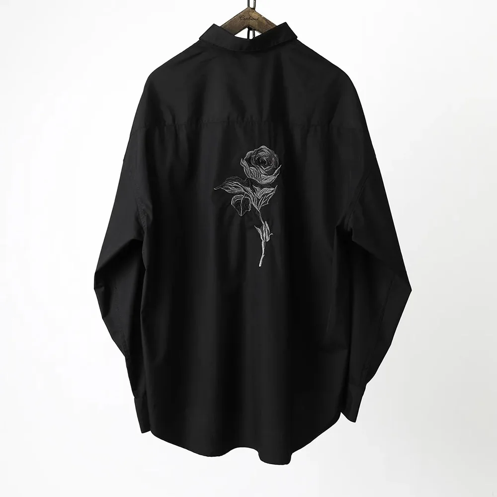 Mens Shirts Embroidered Rose Japanese Style Black Shirt Retro Niche Streetwear Fashion Versatile Easy Fit Shirts Men's Clothing