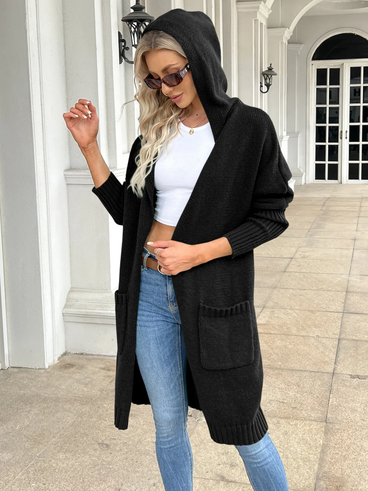 Hooded Open Front Long Cardigan Women Black Knitted Outerwears Tops Long Sleeve Pockets Sweaters Casual Loose Fashion Streetwear