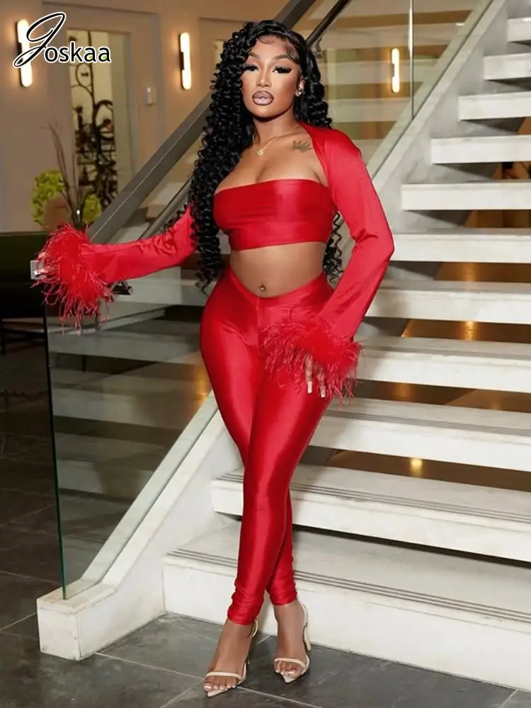

Joskaa 2025 Women's Shiny Red 3-Piece Set Sexy Feather Full Sleeve Shawl+Tube Top+Bodycon Pants Matching Party Club Outfits