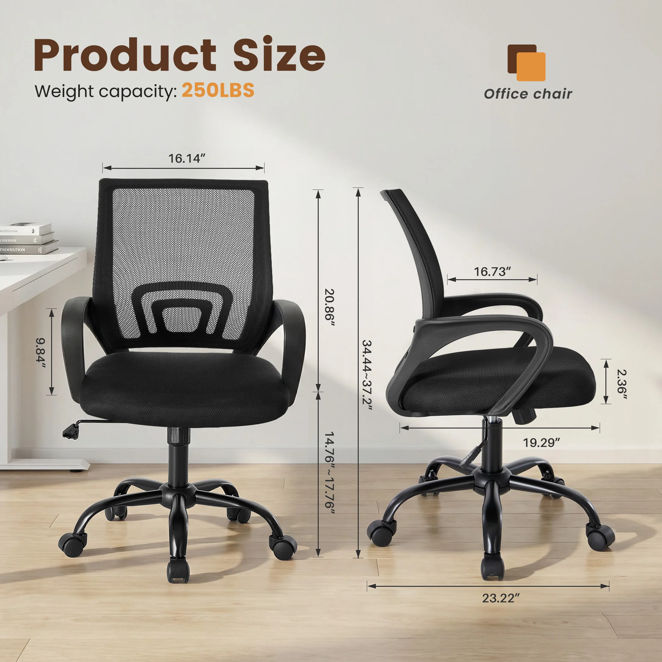 #￥JHK Ergonomic Fixed Armrest Office DeskGaming Chair Mid Back with Lumbar Support RockingMode Height Adjustable with For Office