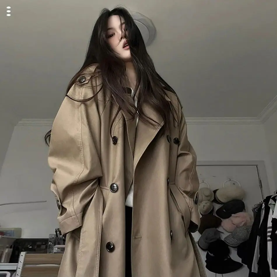 

Высококачественный женский длинный плащ, весенне-осенняя куртка с поясом, ветровка с воротником с лацканами, двубортное длинное пальто для женщин