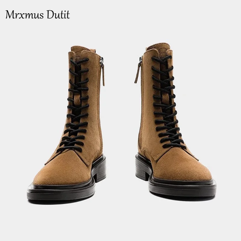 Mrxmus Dutit  2024 Autumn Winter Fashion New Women Genuine Leather Lacing Flat Short Boots Round Head Simple Casual Short Female