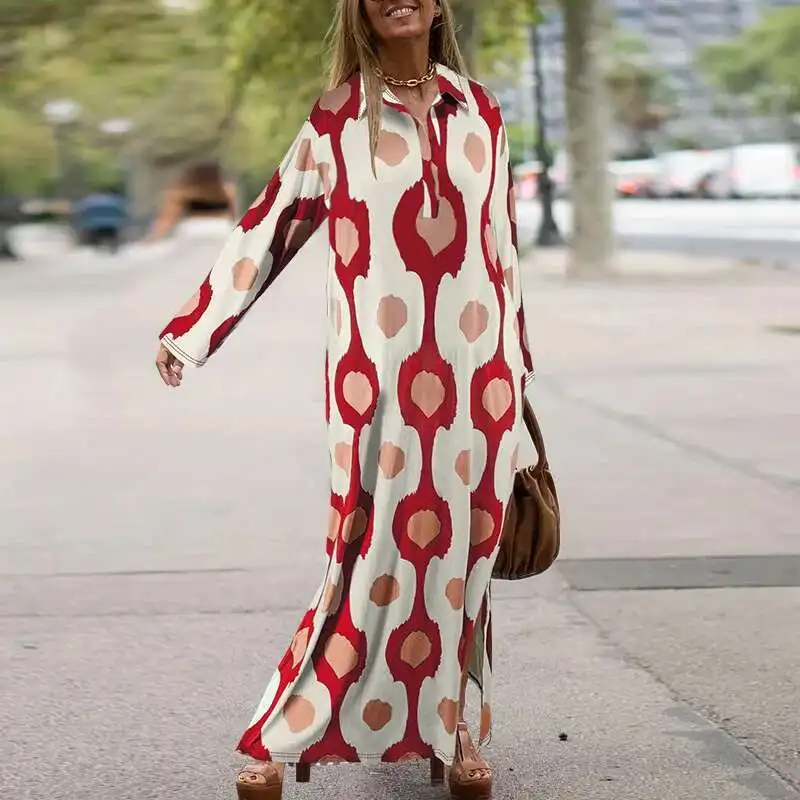 Dz014 Plus Size damska klapa z długim rękawem rozcięcie luźna sukienka zroszony 2025 Party lato eleganckie Casual Y2k