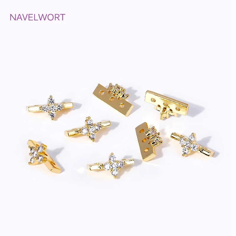18K Gold Plated Brass Inlaid Zircon Flower Shape Connector 2/3 Hole Spacer Separators Accessories For Necklace Making Supplies