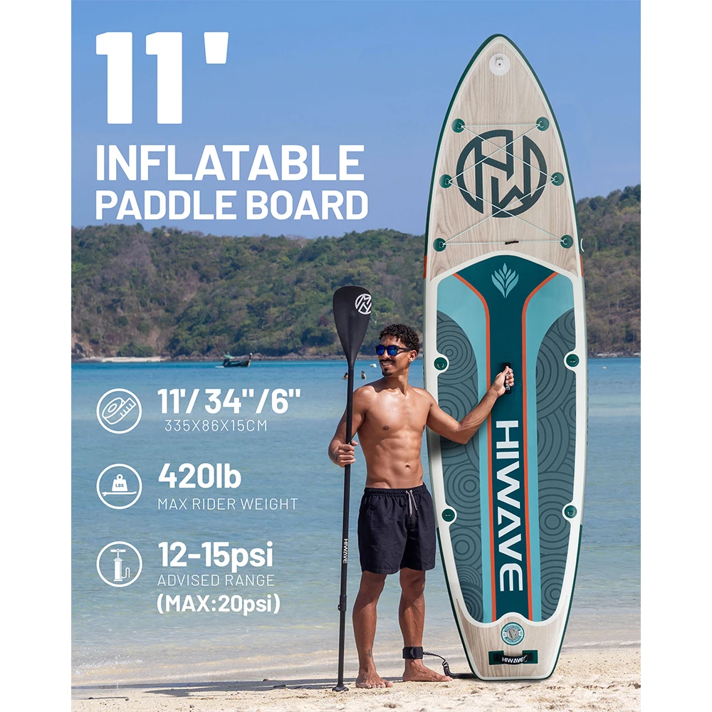 Hiwave Forest Light PRO Waterproof Inflatable Paddle 11'x34''x6'' Sup Stand up Board Adult Standing Style Aquatic W Accessories