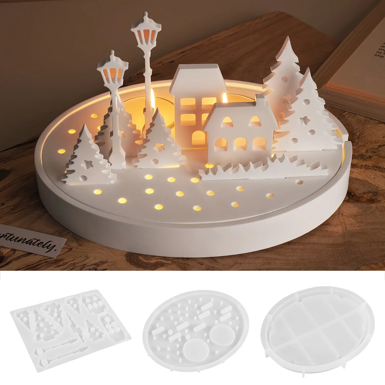 1pcs Silicone Mold DIY Crafts Casting Tool Openwork Street Scene Trees House Street Lamp Candlestick Silhouette Gypsum Cement