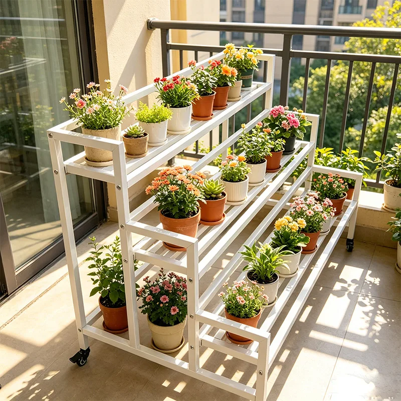 Cross-border balcony movable flower stand multi-layer with wheels green dill stepped shelf indoor and outdoor wrought iron