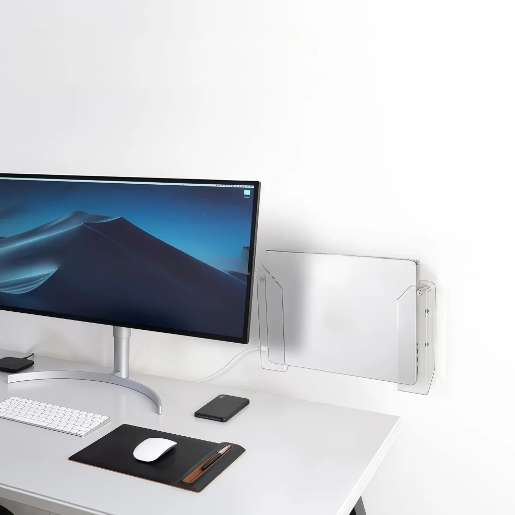 Space-Saving Laptop Wall Mount Holder for iPads MacBooks Switches Surfaces with Dual Mode Installation and USB Cable Management