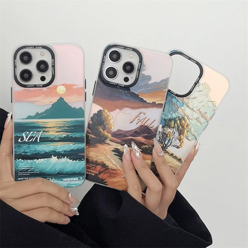 Art Field Oil Painting Phone Case For iPhone 14 11 12 13 Pro Max Cover Fashion Laser Silicone Shockproof Cases For 14pro Funda