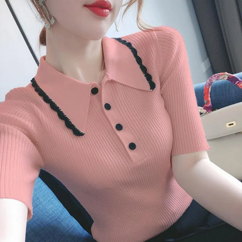 Top Fashion Short Sleeve Women\'s Polo Neck Tee Shirts Rayon T Shirt Cute Pink Skinny Slim Button Down Front Pullover Luxury Tall