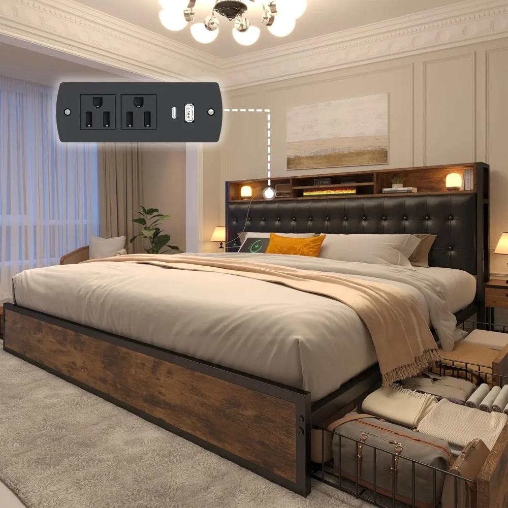 

King Size Bed Frame with 4 Storage Drawers King Bed Frame and Headboard Upholstered Charging Station,