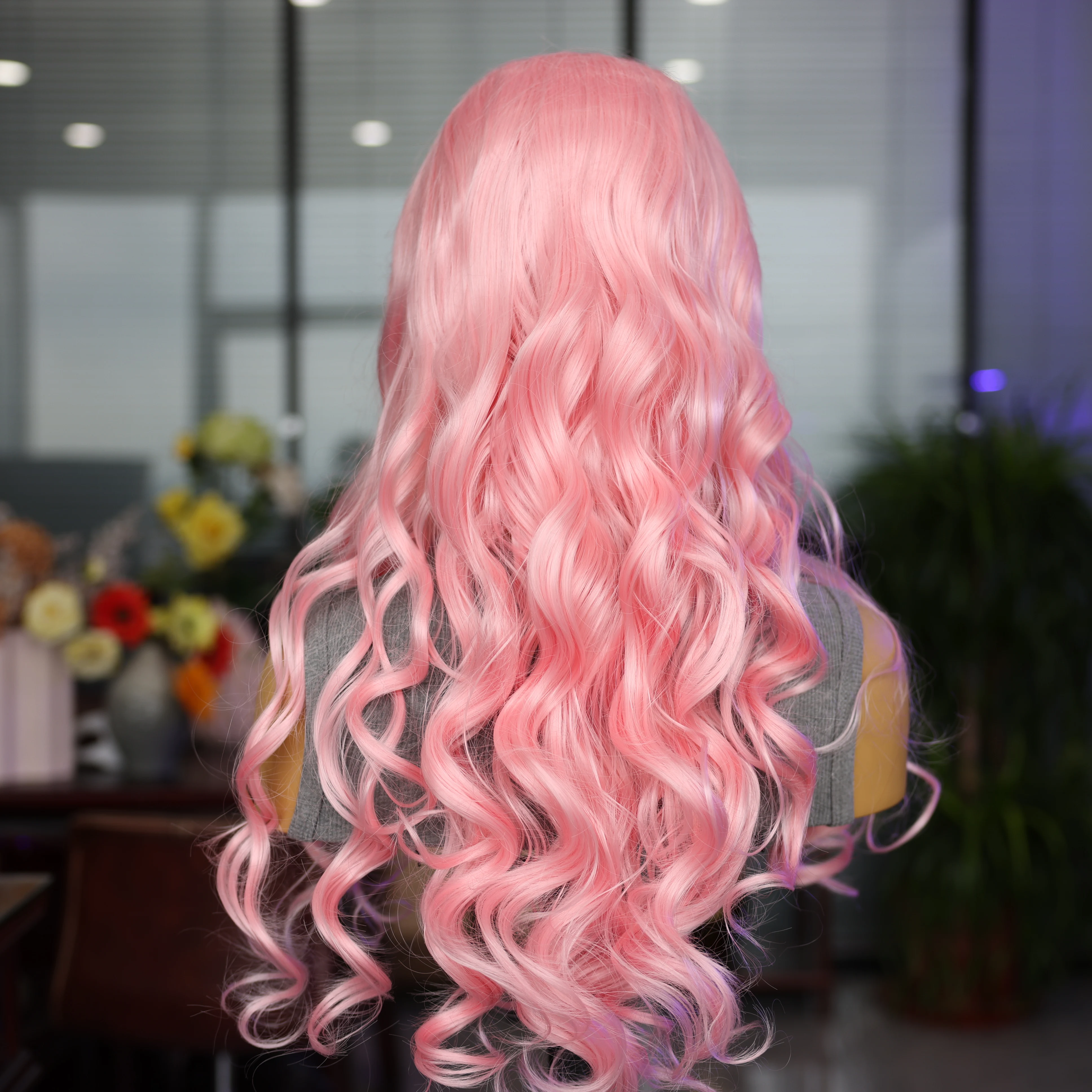 13*4 Body Wave Synthetic Pink Front Lace Wig High Quality Cosplay Travel Wig Natural Hairline Front Lace Mesh Cap Breathable