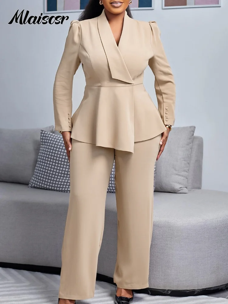 African Women Red Two Piece Pants Set Long Sleeve Blazer Lapel Collar Structured Shoulder Straight Leg Pants for Office Party