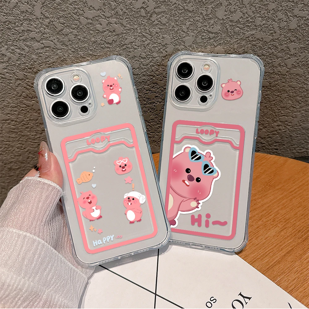 Loopys-iPhone用カードケース,落下防止クリアケース,かわいいピンク,16, 15, 14, 13, 12, 11,mini,pro,max,x,xr xs、max、6s、6、7、8 plus