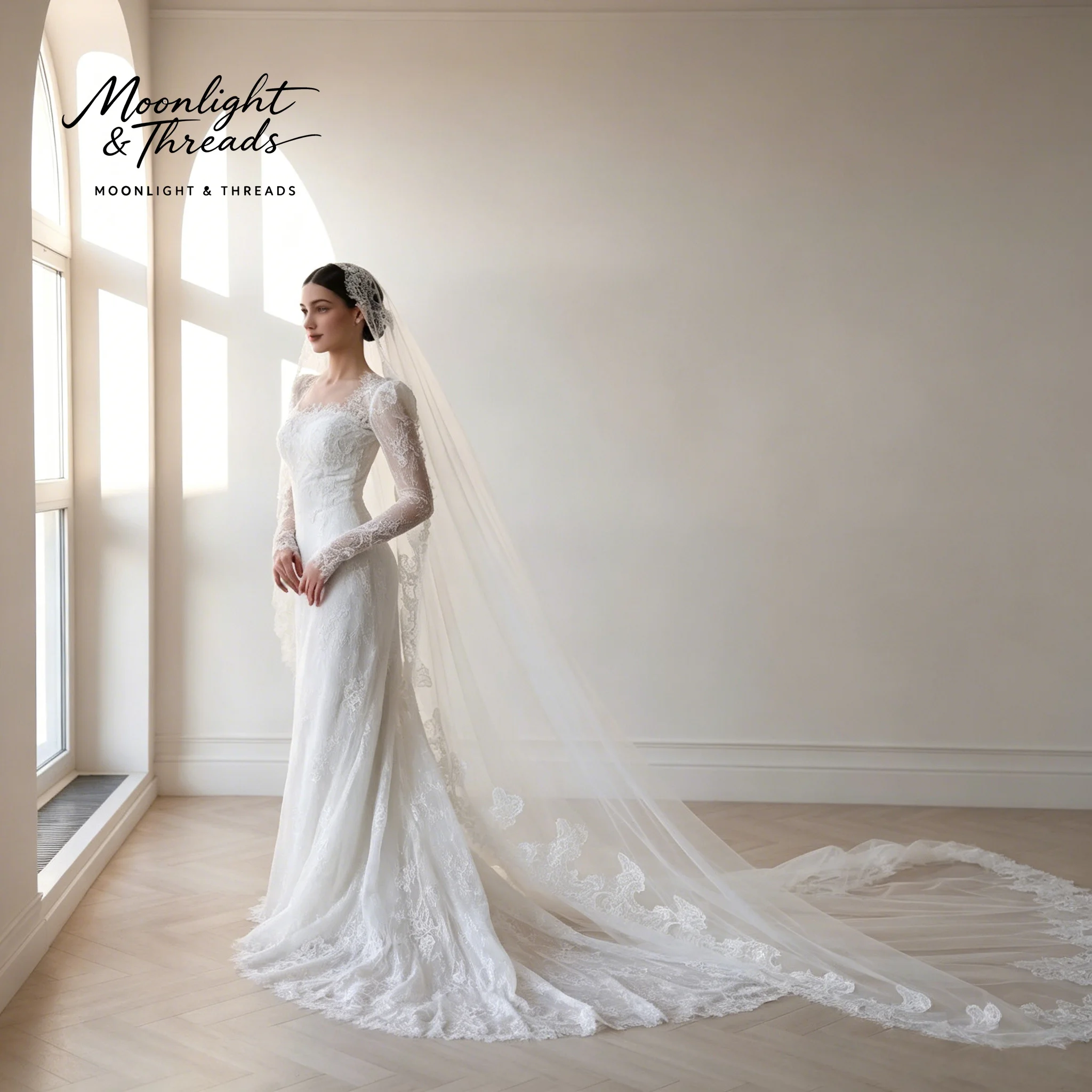 White Lace Strapless Long Sleeve Mermaid Floor-Length Formal Wedding Dress with Delicate Embroidery and Lace Veil