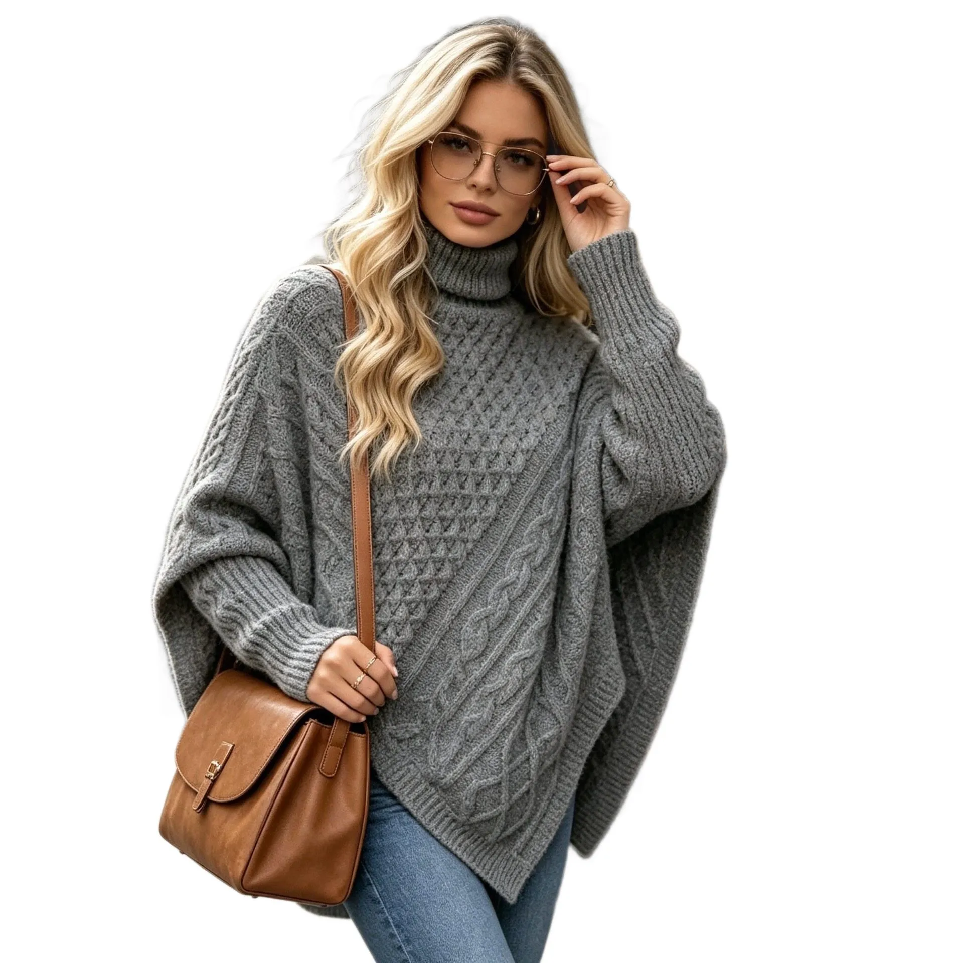 Turtleneck Pullover Cape Mid Long Length Commuter Chic with Twisted Cable Thick Batwing Sleeve Intellectual Winter Women Sweater