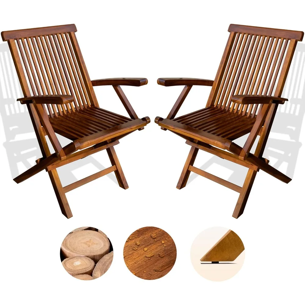 

Heavy Duty Teak Folding Chair, Set of 2 Teak Outdoor Furniture Fully Assembled, Space Saving Folding Patio Chairs