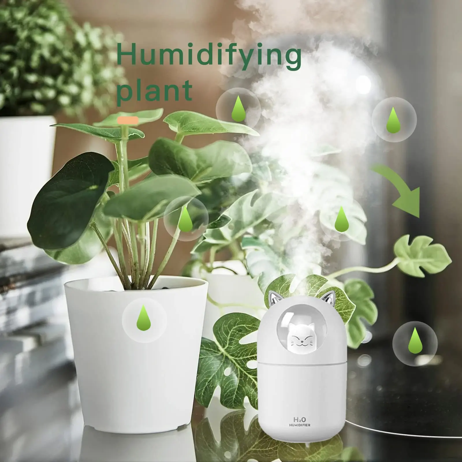 침실용 쿨 미스트 미니 가습기, 야간 조명 포함, USB 개인 가습기, 자동차 책상 사무실 가정 여행용, 300 ml