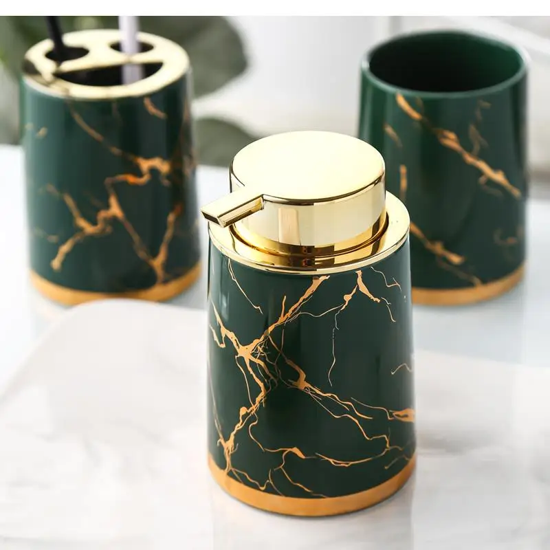 Golden Marble Bathroom Decoration Accessories Ceramic Toothbrush Holder Soap Dispenser Toothpaste Box